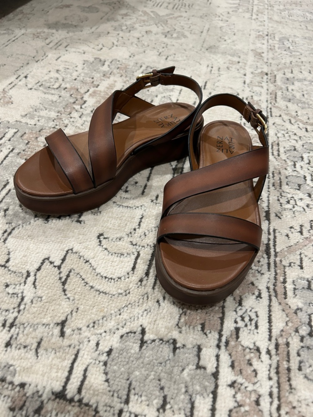 Naturalizer Brown Leather Wedge Sandals with Crisscross Straps